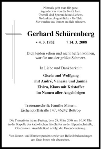 Traueranzeige von Gerhard Schürenberg von Tageszeitung