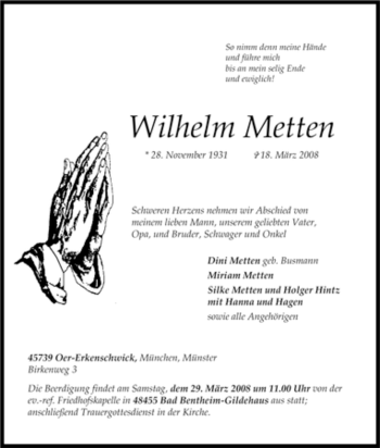 Traueranzeige von Wilhelm Metten von Tageszeitung