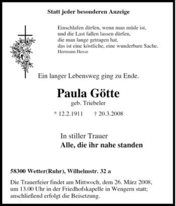 Traueranzeige von Paula Götte von Tageszeitung