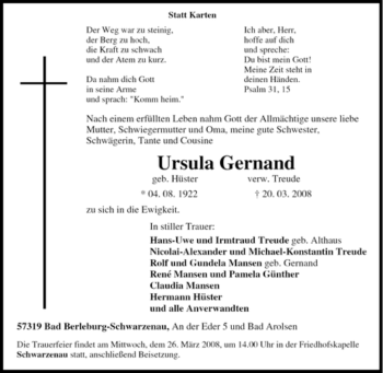 Traueranzeige von Ursula Gernand von Tageszeitung