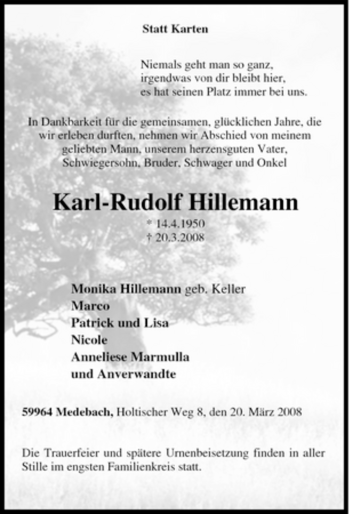 Traueranzeige von Karl-Rudolf Hillemann von Tageszeitung