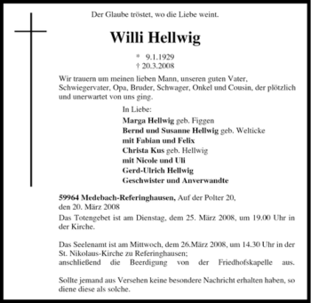 Traueranzeige von Willi Hellwig von Tageszeitung