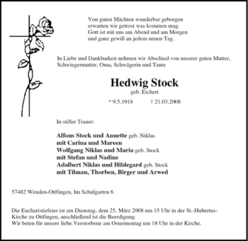 Traueranzeige von Hedwig Stock von Tageszeitung