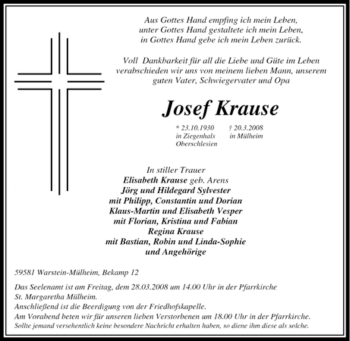 Traueranzeige von Josef Krause von Tageszeitung