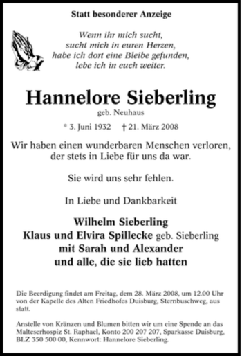 Traueranzeige von Hannelore Sieberling von Tageszeitung