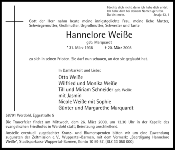 Traueranzeige von Hannelore Weiße von Tageszeitung