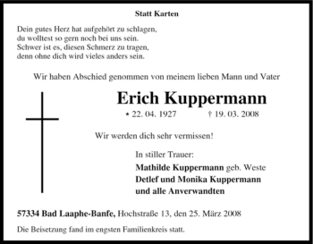 Traueranzeige von Erich Kuppermann von Tageszeitung