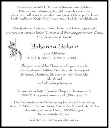 Traueranzeige von Johanna Scholz von Tageszeitung