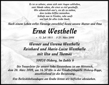 Traueranzeige von Erna Westhelle von Tageszeitung