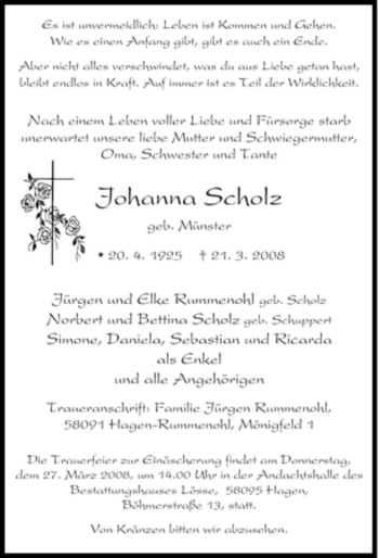 Traueranzeige von Johanna Scholz von Tageszeitung