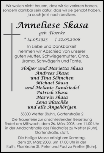 Traueranzeige von Anneliese Skasa von Tageszeitung