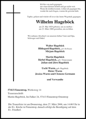 Traueranzeige von Wilhelm Hageböck von Tageszeitung