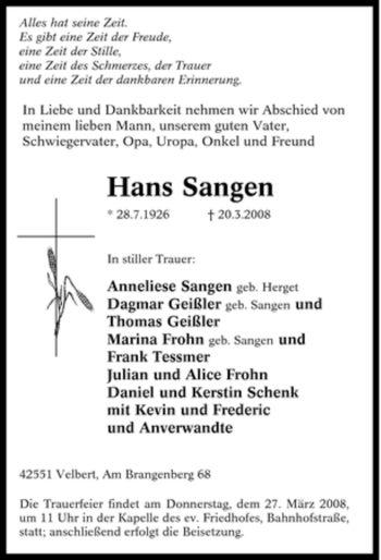 Traueranzeige von Hans Sangen von Tageszeitung