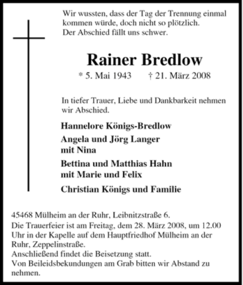 Traueranzeige von Rainer Bredlow von Tageszeitung