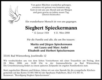 Traueranzeige von Siegbert Spieckermann von Tageszeitung