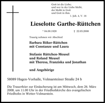 Traueranzeige von Lieselotte Gerthe-Rüttchen von Tageszeitung