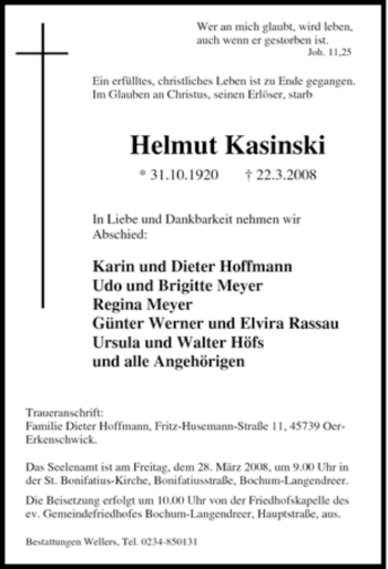 Traueranzeige von Helmut Kasinski von Tageszeitung
