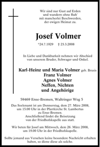 Traueranzeige von Josef Volmer von Tageszeitung