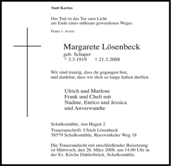 Traueranzeige von Margarete Lösenbeck von Tageszeitung