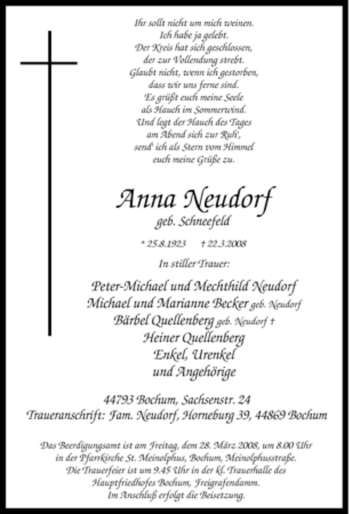 Traueranzeige von Anna Neudorf von Tageszeitung