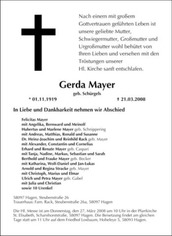 Traueranzeigen von Gerda Mayer TrauerinNRW.de