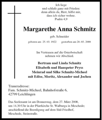 Traueranzeige von Margarethe Anna Schmitz von Tageszeitung