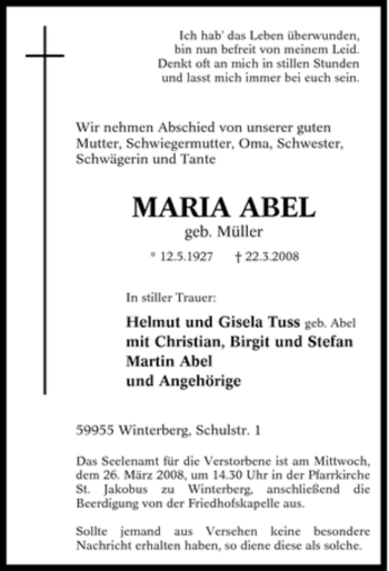Traueranzeige von Maria Abel von Tageszeitung