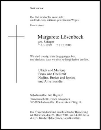 Traueranzeige von Margarete Lösenbeck von Tageszeitung