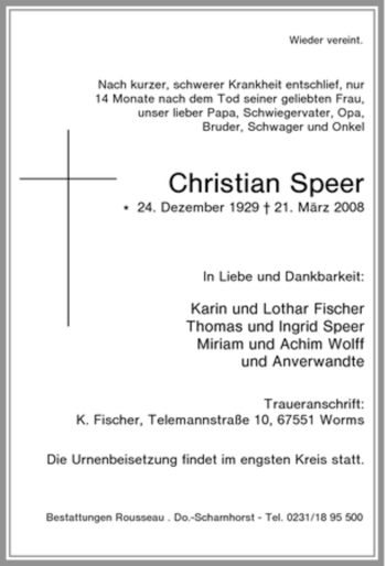 Traueranzeige von Christian Speer von Tageszeitung