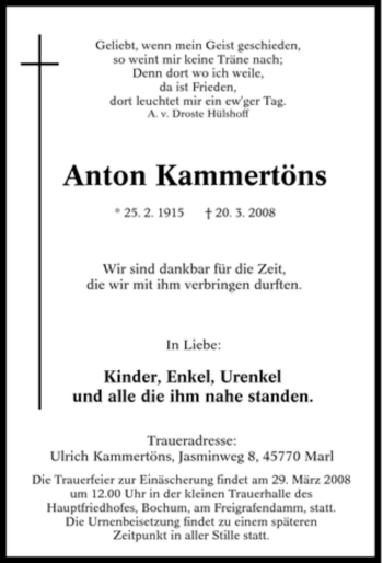 Traueranzeige von Anton Kammertöns von Tageszeitung