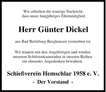Traueranzeige von Günter Dickel von Tageszeitung