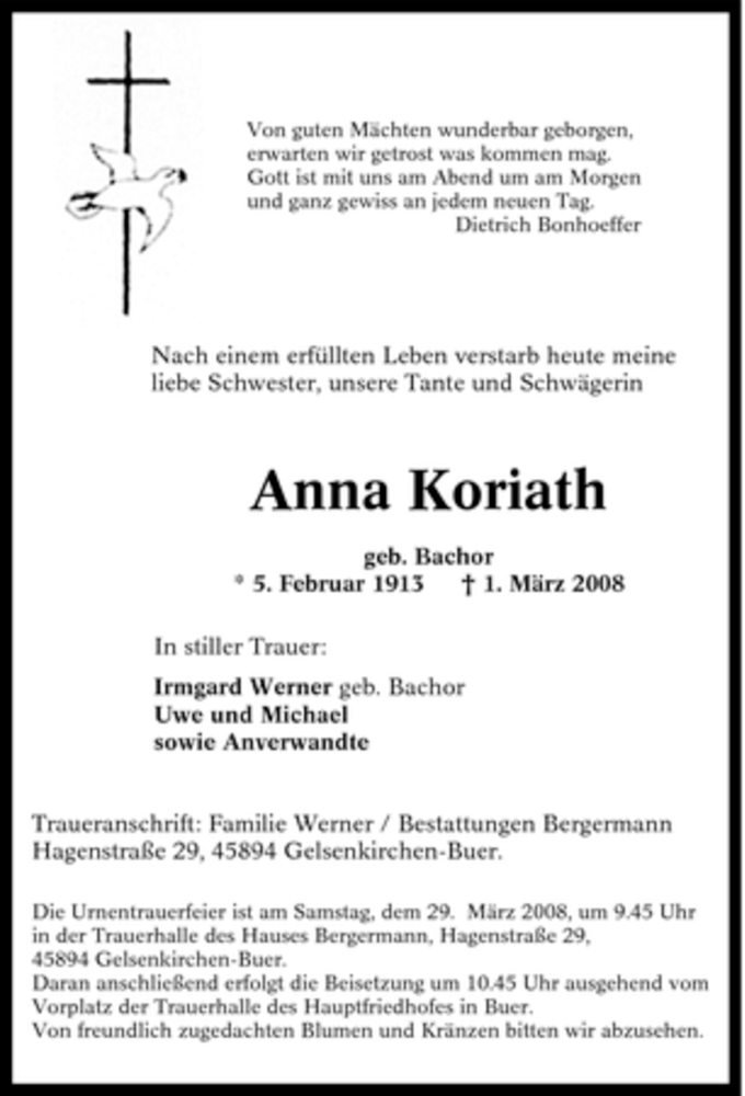  Traueranzeige für Anna Koriath vom 26.03.2008 aus Tageszeitung