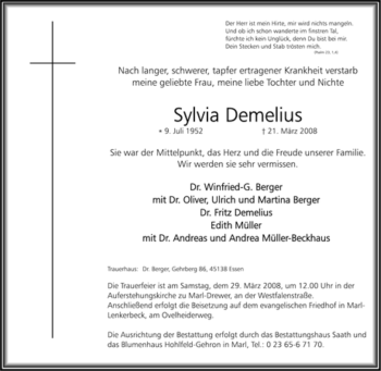 Traueranzeige von Sylvia Demelius von Tageszeitung