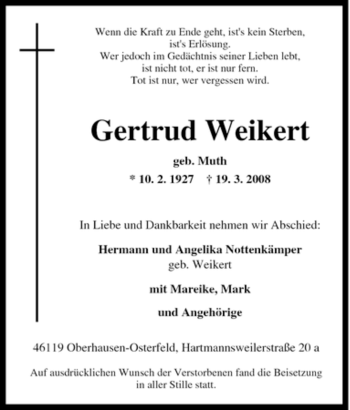 Traueranzeige von Gertrud Weikert von Tageszeitung