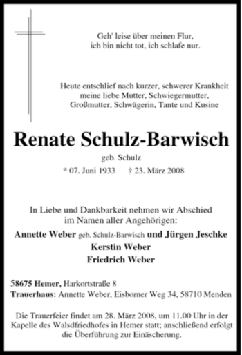 Traueranzeige von Renate Schulz-Barwisch von Tageszeitung