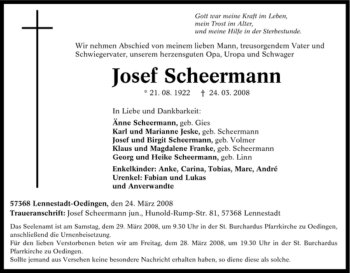 Traueranzeige von Josef Scheermann von Tageszeitung