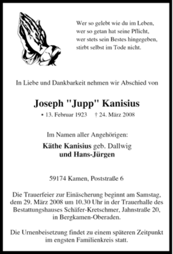 Traueranzeige von Joseph Kanisius von Tageszeitung