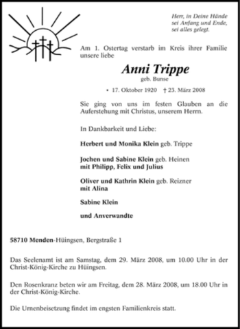 Traueranzeige von Anni Trippe von Tageszeitung