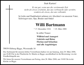 Traueranzeige von Willi Bartmann von Tageszeitung