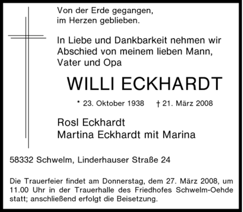 Traueranzeigen von Willi Eckhardt TrauerinNRW.de