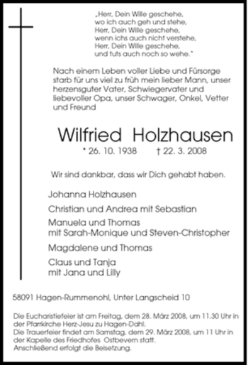 Traueranzeige von Wilfried Holzhausen von Tageszeitung