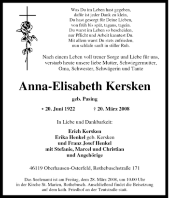 Traueranzeige von Anna-Elisabeth Kersken von Tageszeitung