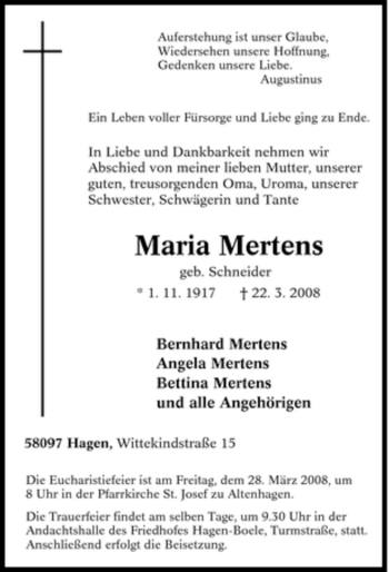 Traueranzeige von Maria Mertens von Tageszeitung