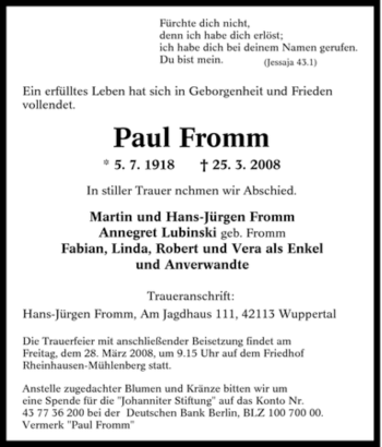 Traueranzeige von Paul Fromm von Tageszeitung