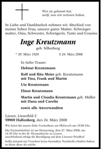 Traueranzeige von Inge Kreutzmann von Tageszeitung
