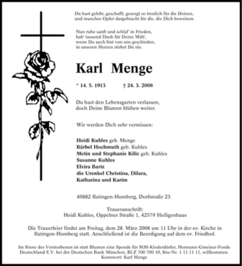 Traueranzeige von Karl Menge von Tageszeitung