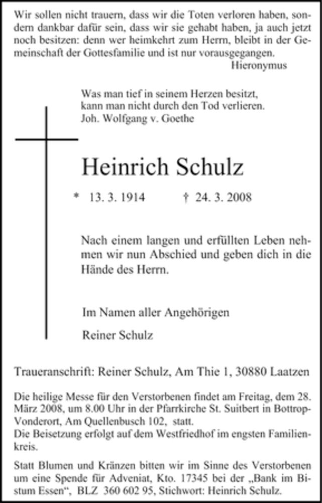  Traueranzeige für Heinrich Schulz vom 26.03.2008 aus Tageszeitung