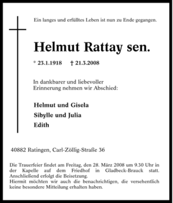 Traueranzeige von Helmut Rattay von Tageszeitung