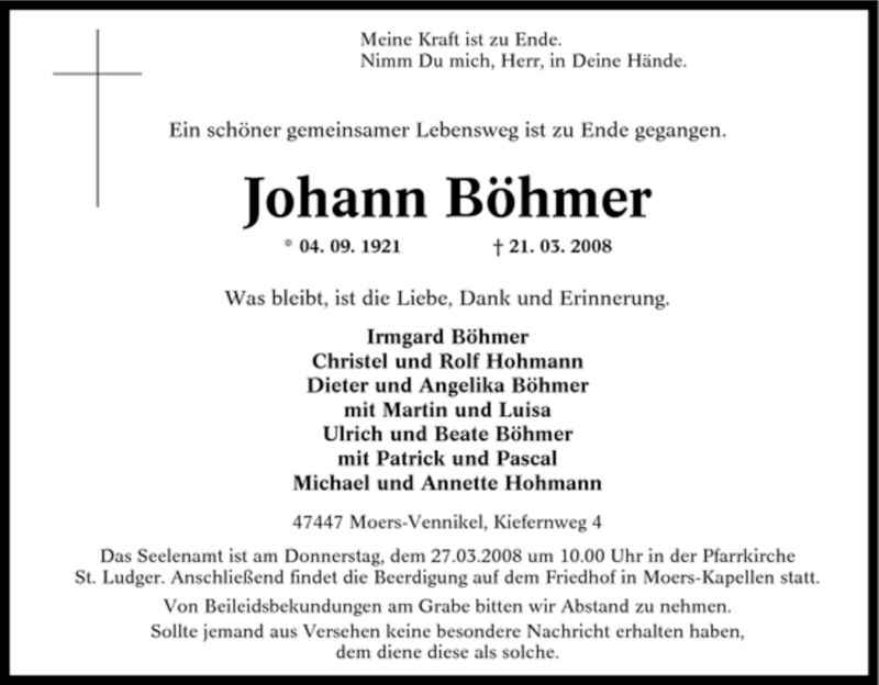  Traueranzeige für Johann Böhmer vom 26.03.2008 aus Tageszeitung