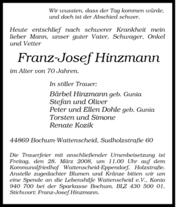 Traueranzeige von Franz-Josef Hinzmann von Tageszeitung